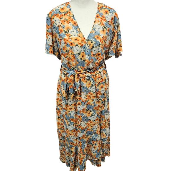 Pretty garden wrap ruffle dress womens xxl plus 2x orange cottage floral midi - Picture 1 of 9